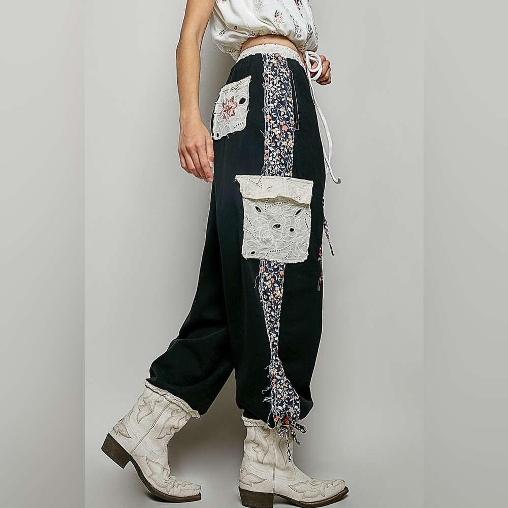 Last 1!! POL Black Track Joggers with Floral Embroidery - Picture 3 of 7